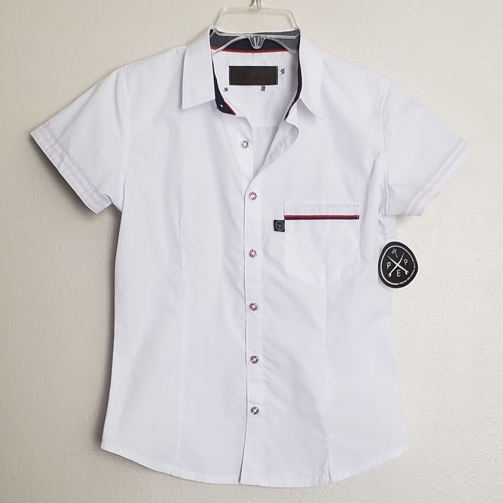 White Short-Sleeve Button-Up Shirt with Contrast Trim